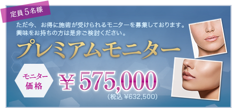 ただ今、お得に施術が受けられるモニターを募集しております。興味をお持ちの方は是非ご検討ください。プレミアムモニター ¥575,000（税込¥632,500）